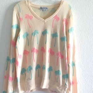 WILDFOX Pastel Pink Palm Print Oversized V- Neck
